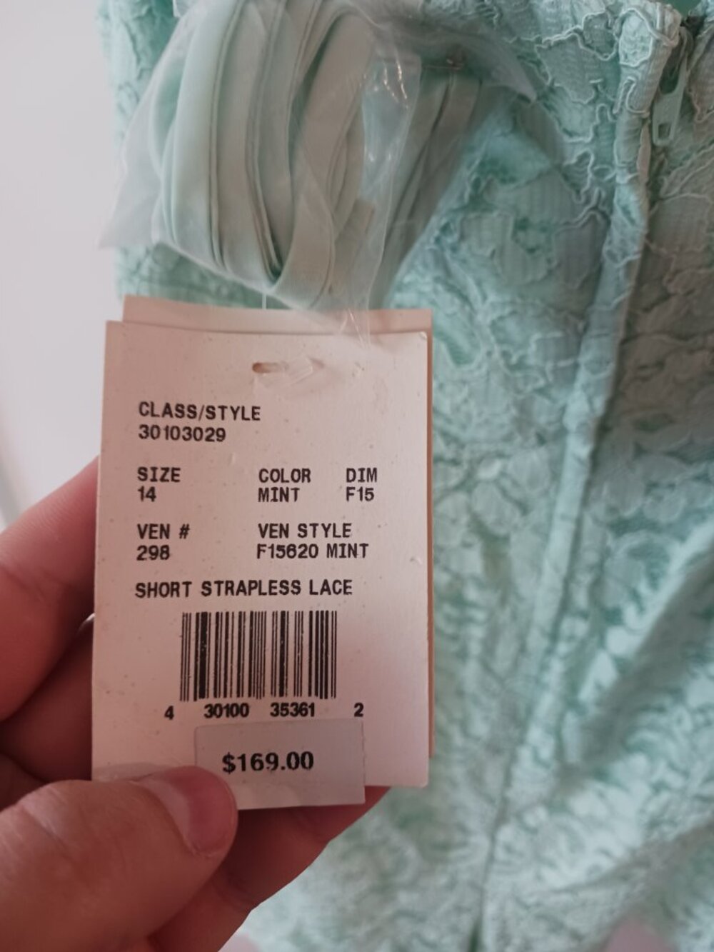 David's Bridal Mint Seafoam Lace Strapless Dress - Picture 5 of 5